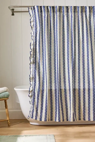 Anthropologie Ivy Cotton Printed Ruffle Stripe Shower Curtain In Blue