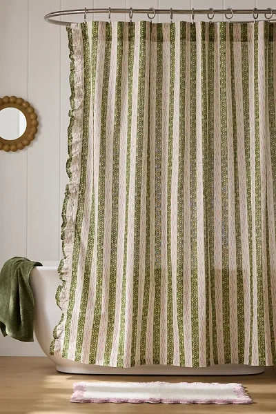 Anthropologie Ivy Cotton Printed Ruffle Stripe Shower Curtain In Green