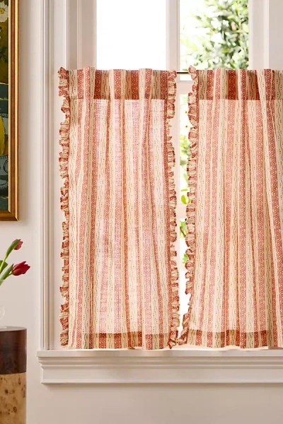 Anthropologie Ivy Cotton Striped Cafe Curtain, Set Of 2 In Pink