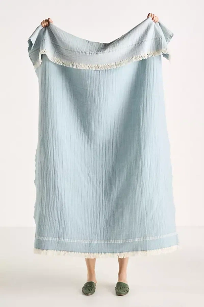 Anthropologie Jolene Cotton Wool Woven Throw Blanket In Blue