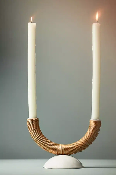 Anthropologie Kaia Dual Rattan Candleholder In White