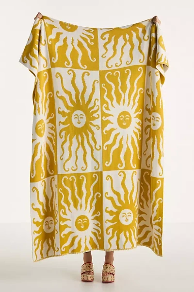 Anthropologie Kenia Cotton Knit Throw Blanket In Yellow