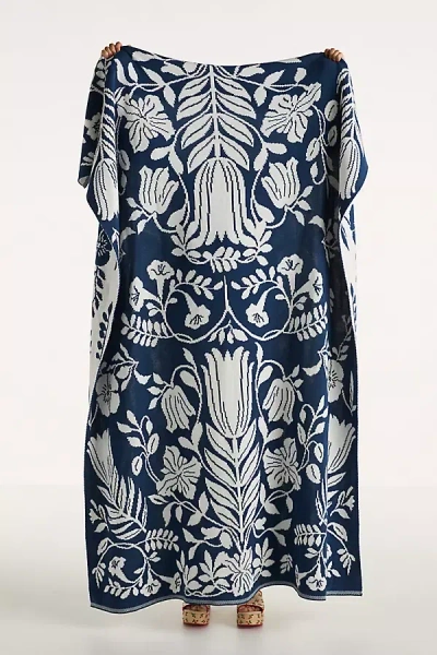 Anthropologie Kenia Cotton Knit Throw Blanket In Blue