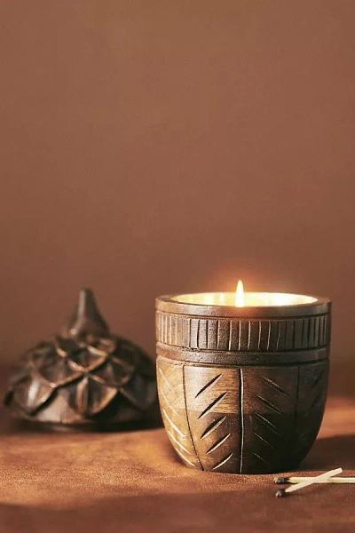 Anthropologie Large Acorn Woody Leather & Leaves Wooden Candle
