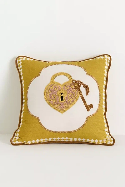 Anthropologie Laurie Cotton Velvet Embroidered Novelty Pillows In Yellow