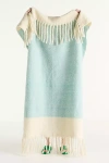 Anthropologie Laurie Herringbone Woven Wool Fringe Throw Blanket In Blue