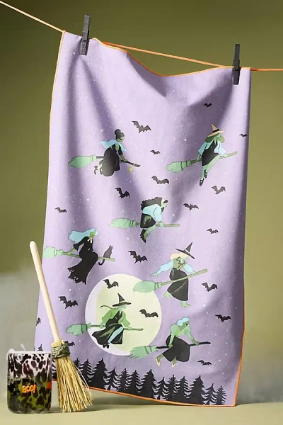 Anthropologie Let's Ride Witches Dish Towel In Purple