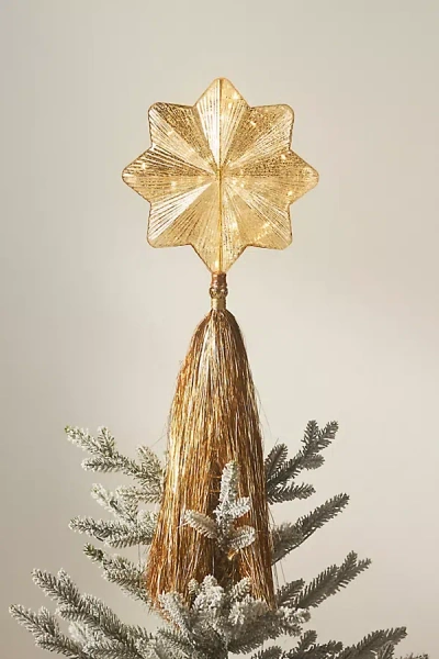 Anthropologie Light-up Shooting Glass Star Tinsel Tree Topper In Gold