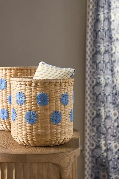Anthropologie Lita Woven Banana Bark Embroidered Floral Baskets, Set Of 2 In Neutral