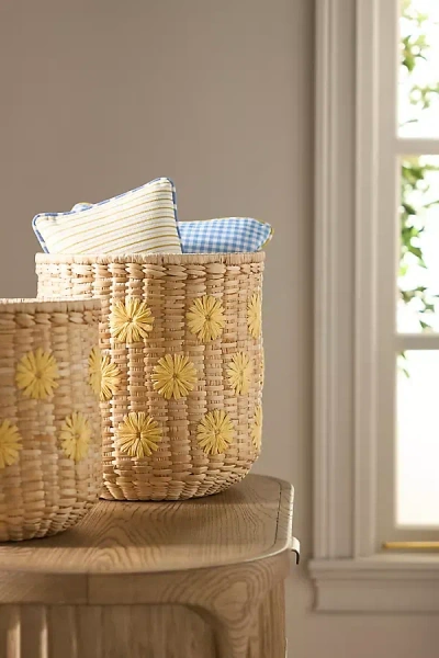 Anthropologie Lita Woven Banana Bark Embroidered Floral Baskets, Set Of 2