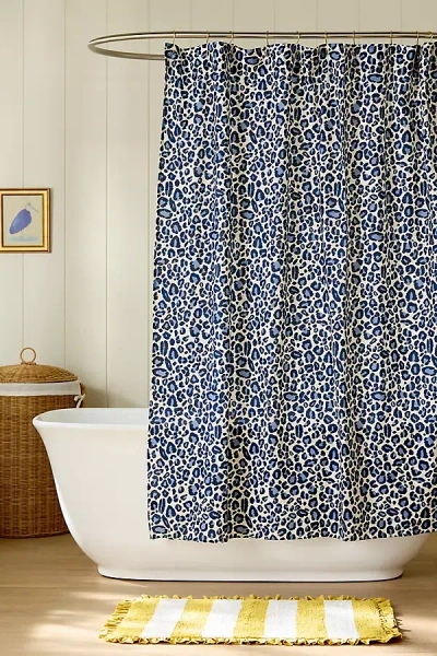 Anthropologie Lola Leopard Cotton Printed Shower Curtain In Blue