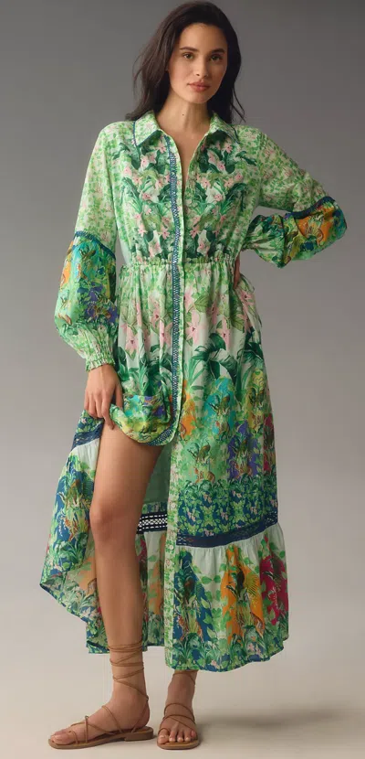 Pre-owned Anthropologie Long-sleeve Buttondown Maxi Shirt Dress In Green