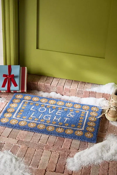 Anthropologie Love & Light Printed Coir Doormat In Blue