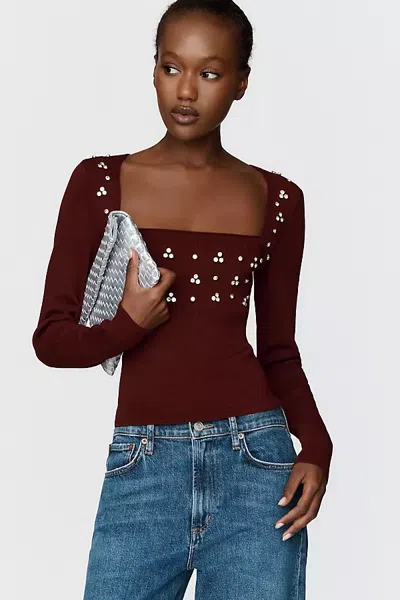 Anthropologie Maeve Embellished Square Neck Sweater In Brown