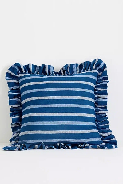 Anthropologie Maeve Helana Indoor/outdoor Woven Stripe Ruffle Pillow In Blue