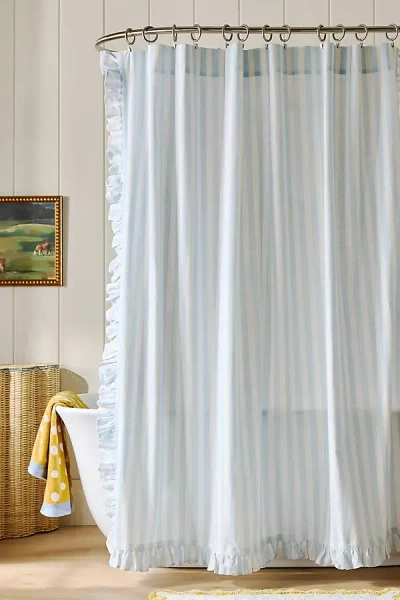 Anthropologie Maeve Organic Cotton Ruffled Stripe Shower Curtain In Blue