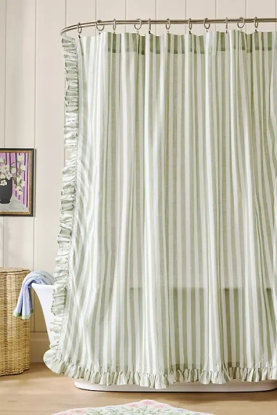 Anthropologie Maeve Organic Cotton Ruffled Stripe Shower Curtain In Green