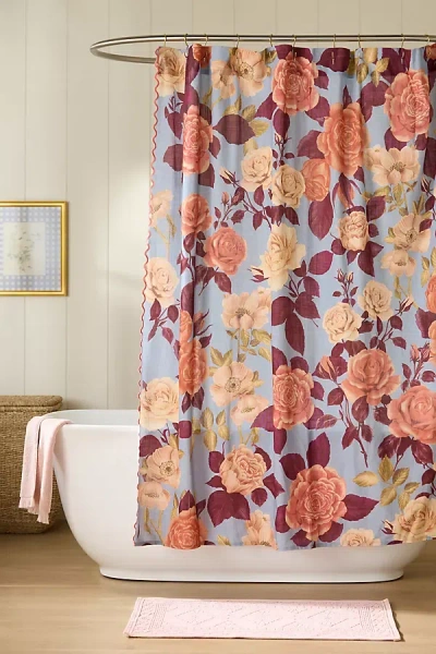 Anthropologie Maeve Roses Embroidered Printed Floral Organic Cotton Shower Curtain In Blue