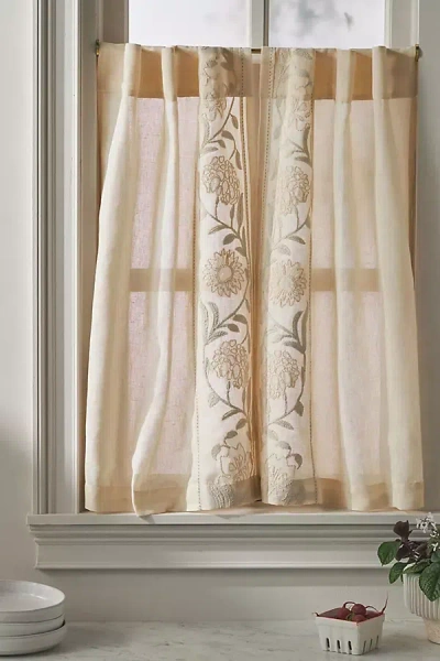Anthropologie Embroidered Manette Cotton Linen Sheer Café Curtains, Set Of 2 In Neutral