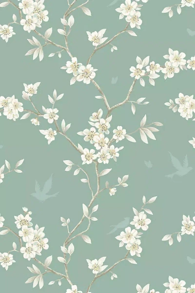 Anthropologie Marine Green Hanami Trail Chinoiserie Unpasted Wallpaper