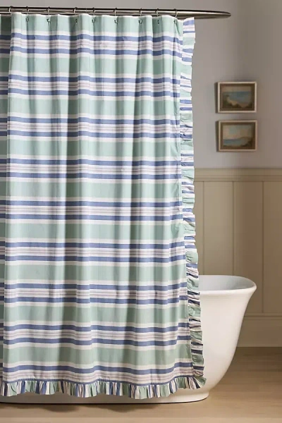 Anthropologie Mele Cotton Striped Ruffled Shower Curtain In Green