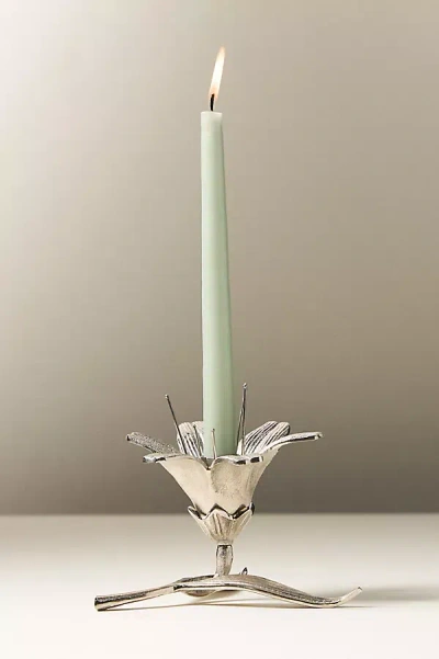 Anthropologie Metal Flower Candle Holder In Silver