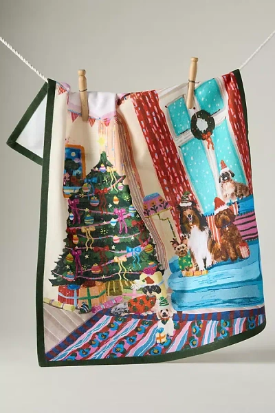 Anthropologie Millie Cotton Illustrated Christmas Tea Towel In Multi