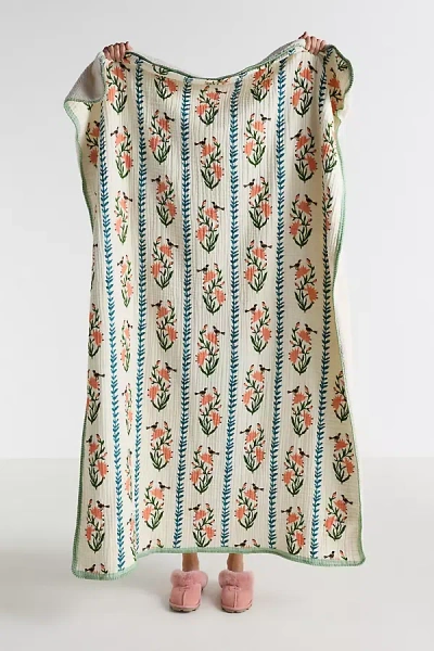 Anthropologie Mira Cotton Sherpa Floral Printed Throw Blanket In Multi