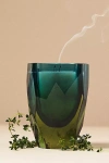 Anthropologie Mira Woody White Cedar & Thyme Tall Cut Glass Candle In Green