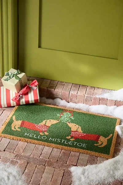 Anthropologie Mistletoe Dachshund Coir Printed Doormat In Green