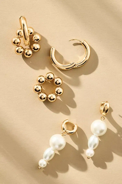 Anthropologie Mixed Metal Pearl Huggie Hoop Earrings, Set Of 2