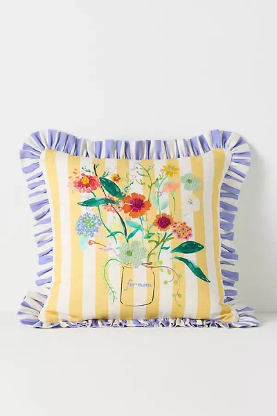 Anthropologie Mother's Day Cotton Embroidered Printed Floral Cushion In Yellow