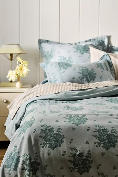 Anthropologie Nadia Cotton Solid Floral Embellished Duvet Cover In Green