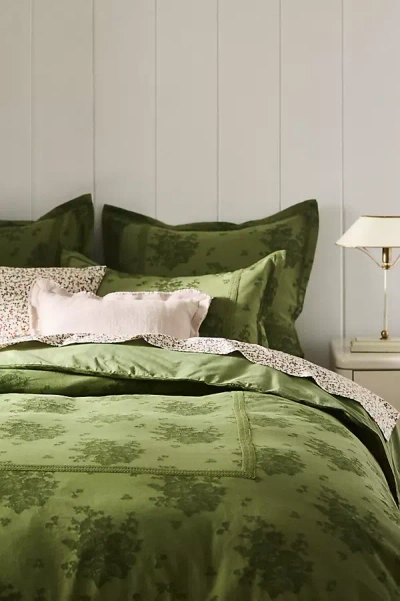 Anthropologie Nadia Cotton Solid Floral Embellished Duvet Cover In Green