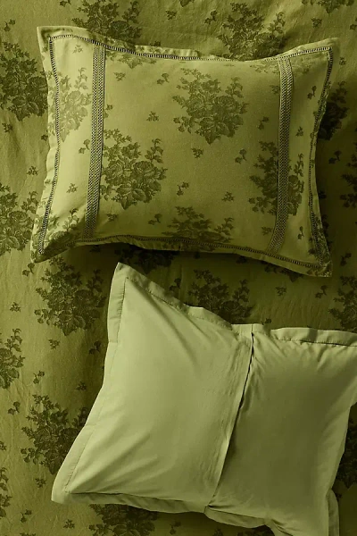 Anthropologie Nadia Cotton Solid Floral Embellished Pillowcases, Set Of 2