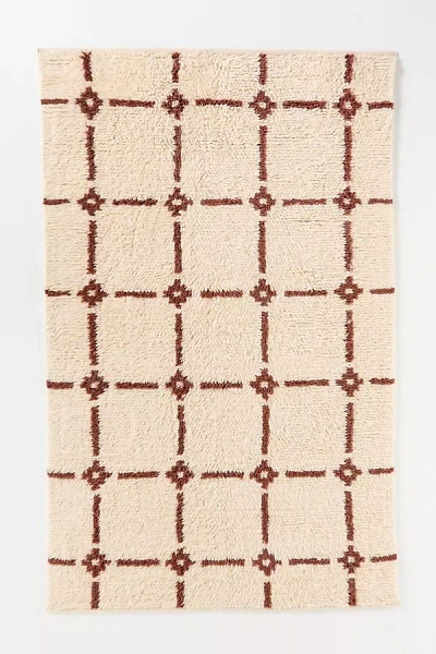 Anthropologie Neutral Grid Handwoven Cotton Wool Blend Shag Geometric Rug