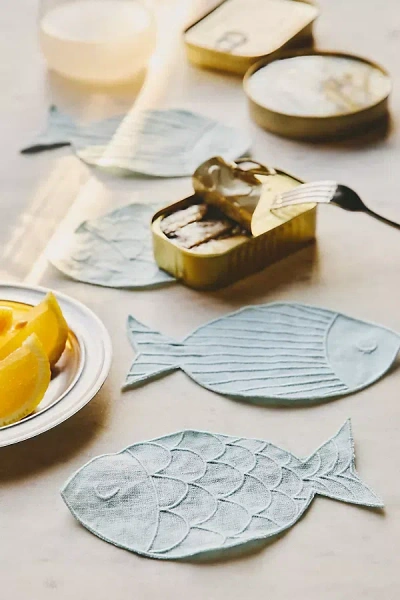 Anthropologie Novelty Piecework Linen Cocktail Napkins, Set Of 4 In Blue
