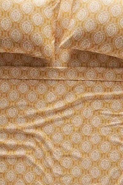 Anthropologie Organic Cotton Sateen Printed Sheet Set In Yellow