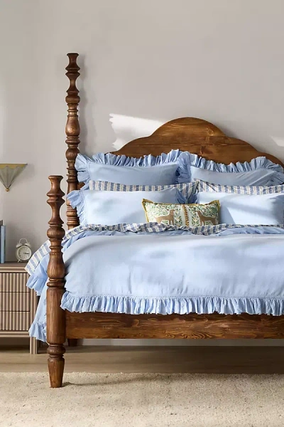 Anthropologie Organic Cotton Spa Sateen Ruffled Duvet Cover In Blue