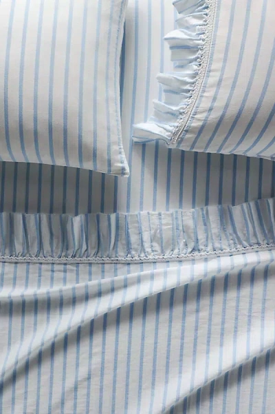 Anthropologie Organic Cotton Spa Sateen Ruffled Sheet Set In Blue