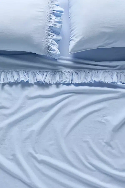 Anthropologie Organic Cotton Spa Sateen Ruffled Sheet Set In Blue