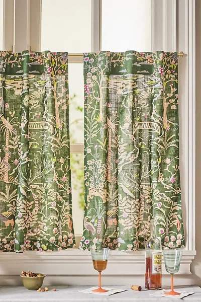 Anthropologie Organic Cotton Tales Menagerie Printed Café Curtain, Set Of 2 In Green