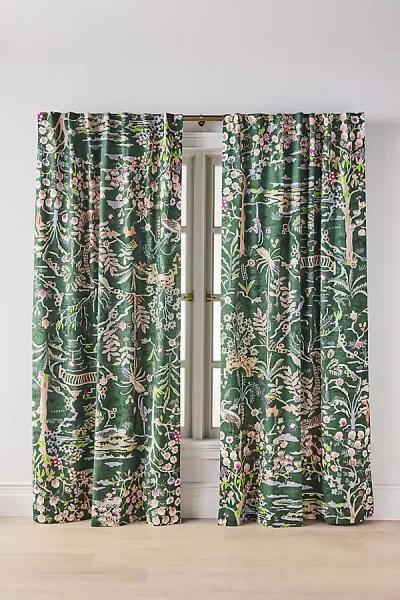 Anthropologie Organic Cotton Tales Menagerie Printed Curtain In Green