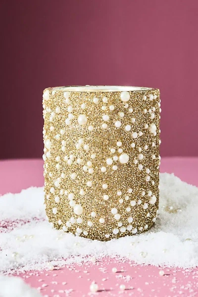 Anthropologie Party Pearl Fresh Mistletoe & Moss Glass Candle In Gold