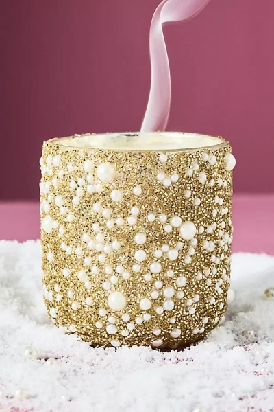 Anthropologie Party Pearl Fresh Mistletoe & Moss Glass Candle In Gold