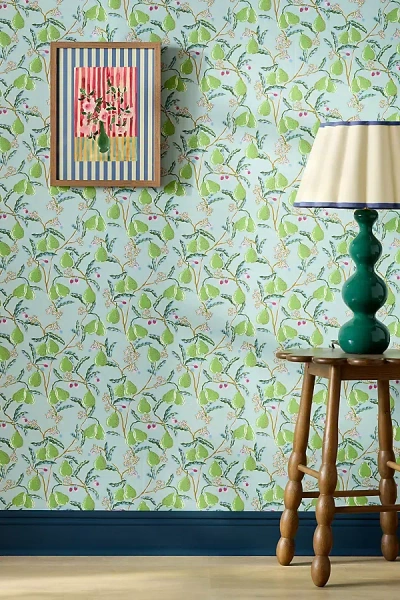 Anthropologie Pears Vine And Fruit Print Wallpaper In Green