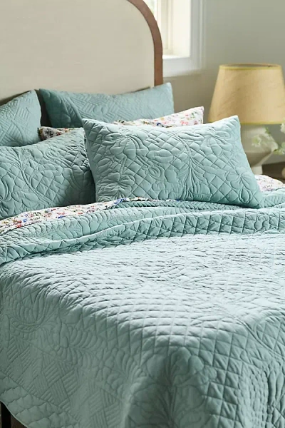 Anthropologie Peyton Cotton Embroidered Coverlet In Blue