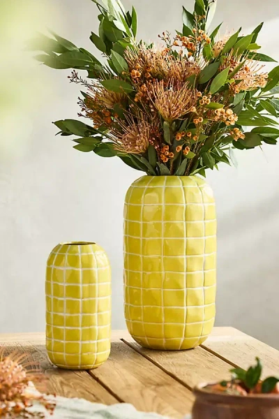Anthropologie Porcelain Grid Vase In Yellow