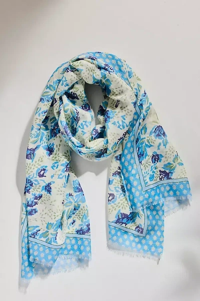 Anthropologie Print Border Floral Scarf In Blue