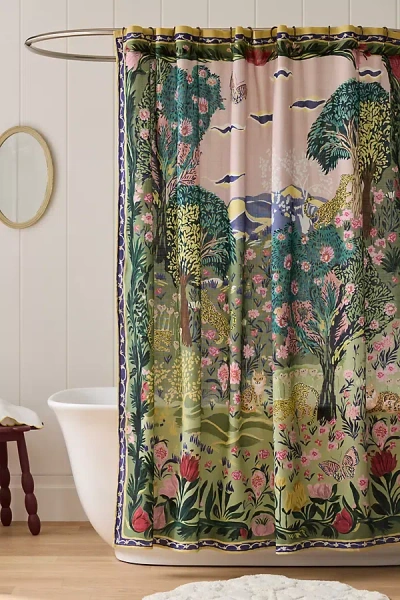 Anthropologie Printed Cotton Slub Shower Curtain Collection In Green